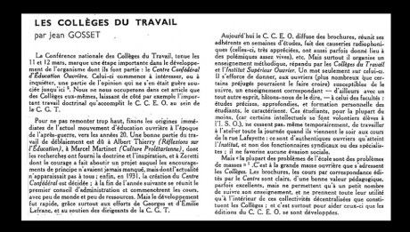 Les collèges du Travail 1938